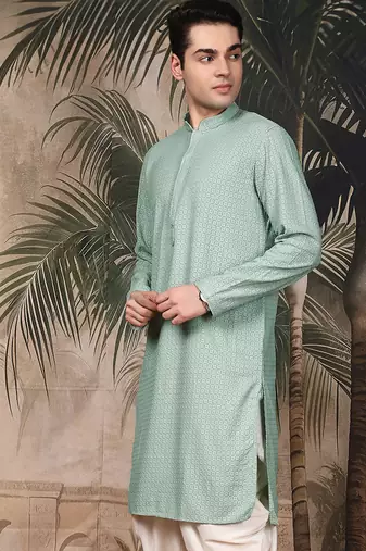 Green silk blend thread work kurta for men