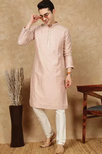 Pink cotton embroidered kurta for men