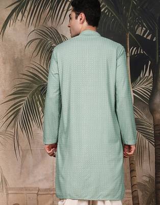 Green silk blend thread work kurta for men 4