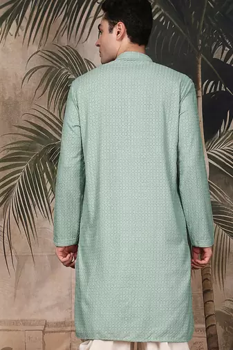 Green silk blend thread work kurta for men