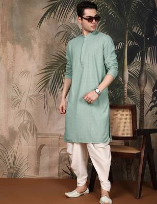 Green silk blend thread work kurta for men 5