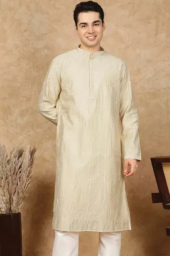 Beige cotton embroidered kurta for men