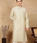 Beige cotton embroidered kurta for men