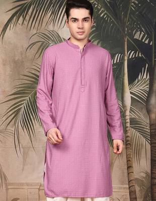 Pink silk blend embroidred kurta for men 1