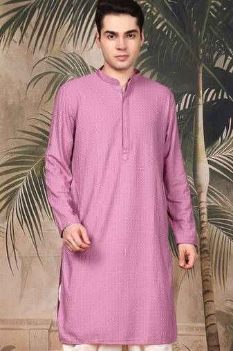 Pink silk blend embroidred kurta for men