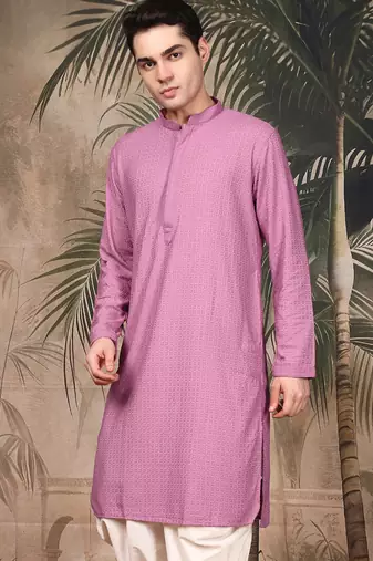 Pink silk blend embroidred kurta for men