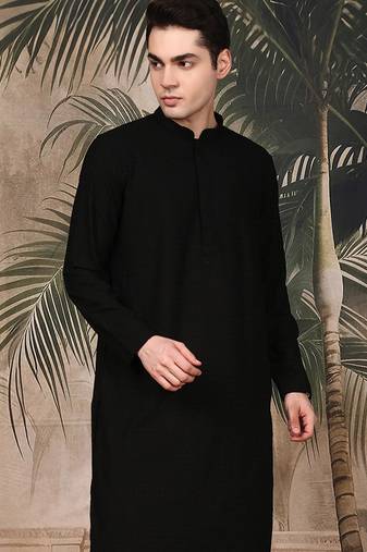 Black silk blend embroidred kurta for men