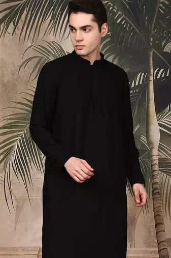 Black silk blend embroidred kurta for men