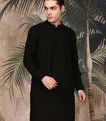 Black silk blend embroidred kurta for men