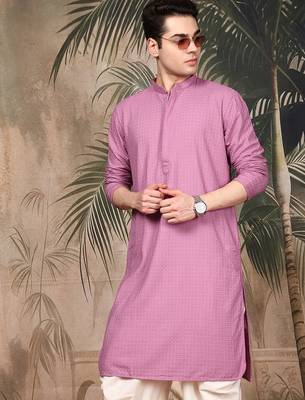 Pink silk blend embroidred kurta for men 3