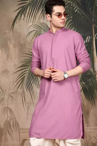 Pink silk blend embroidred kurta for men