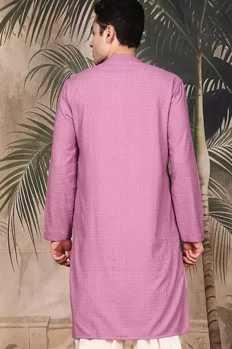 Pink silk blend embroidred kurta for men