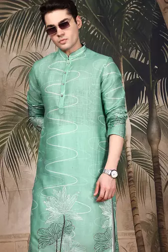 Green silk blend embroidred kurta for men