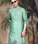 Green silk blend embroidred kurta for men