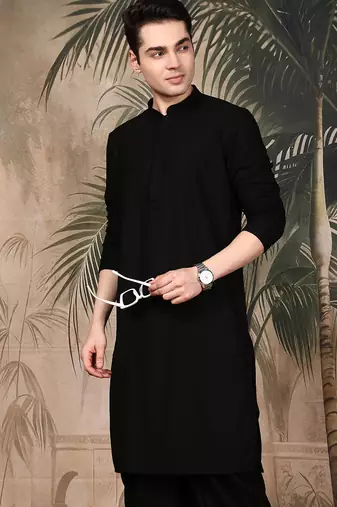 Black silk blend embroidred kurta for men