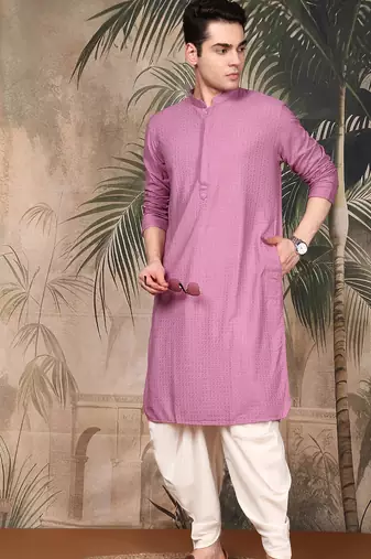 Pink silk blend embroidred kurta for men