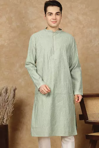 Green cotton embroidered kurta for men