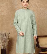 Green cotton embroidered kurta for men