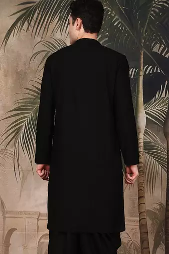 Black silk blend embroidred kurta for men