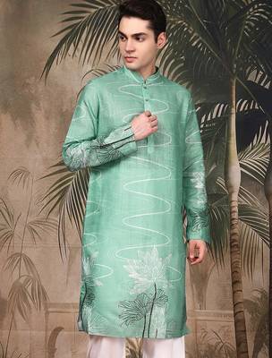 Green silk blend embroidred kurta for men 2