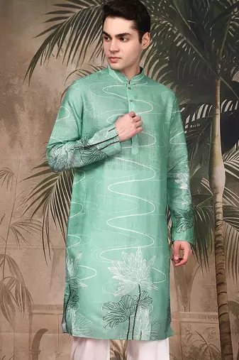 Green silk blend embroidred kurta for men