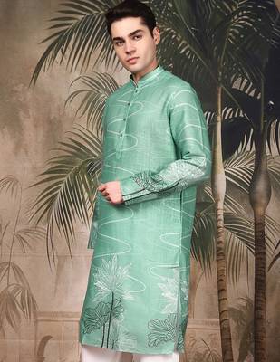 Green silk blend embroidred kurta for men 3