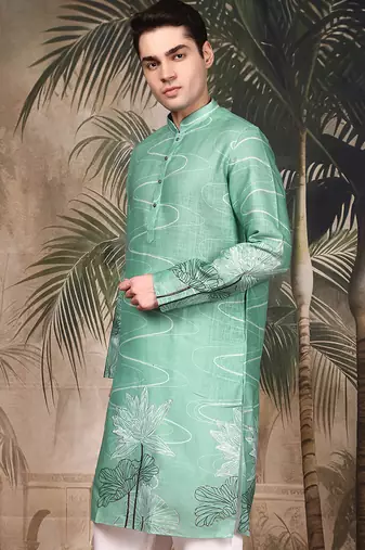 Green silk blend embroidred kurta for men