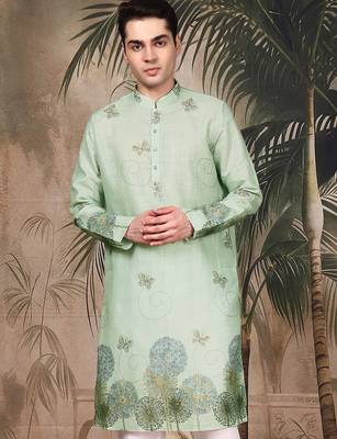 Green silk blend embroidred kurta for men 1