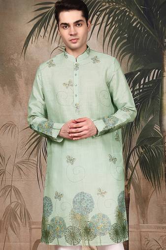 Green silk blend embroidred kurta for men