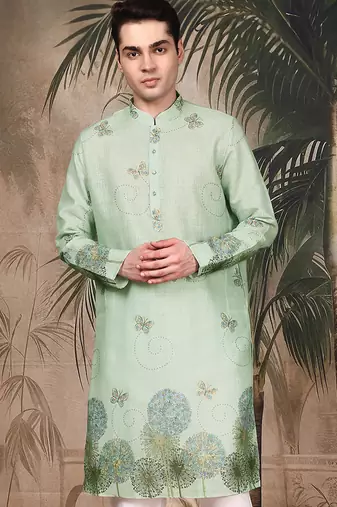 Green silk blend embroidred kurta for men