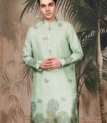 Green silk blend embroidred kurta for men