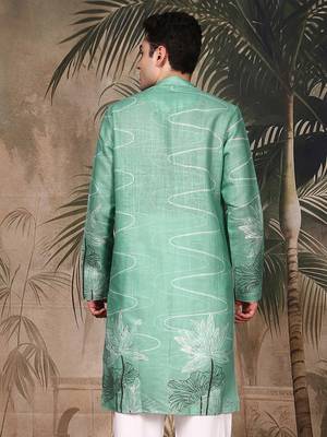 Green silk blend embroidred kurta for men 4