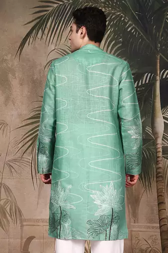 Green silk blend embroidred kurta for men