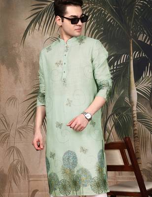Green silk blend embroidred kurta for men 2