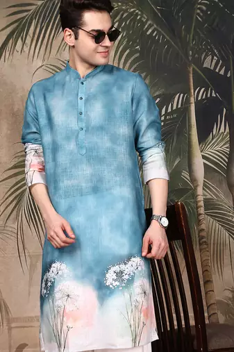 Blue silk blend embroidred kurta for men