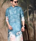 Blue silk blend embroidred kurta for men