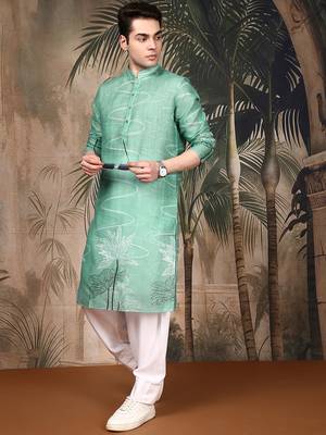 Green silk blend embroidred kurta for men 5