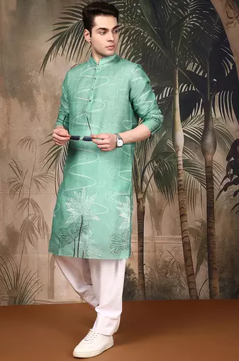 Green silk blend embroidred kurta for men