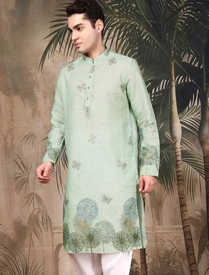 Green silk blend embroidred kurta for men 3