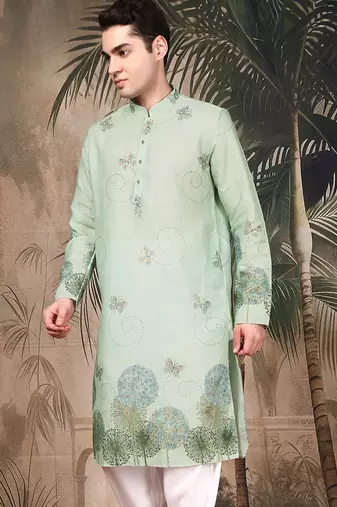 Green silk blend embroidred kurta for men