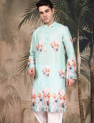 Green silk blend embroidred kurta for men 1