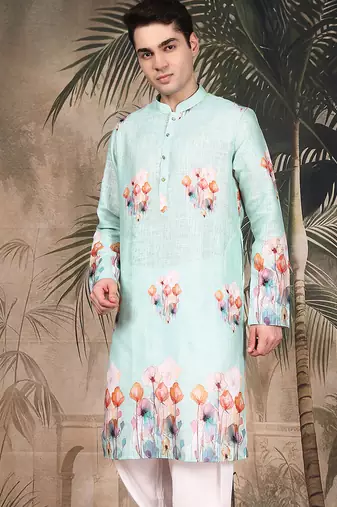 Green silk blend embroidred kurta for men