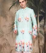 Green silk blend embroidred kurta for men