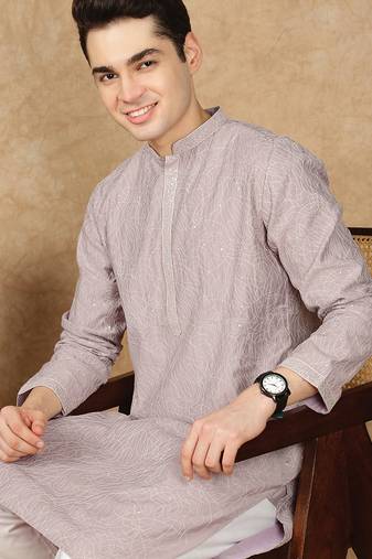 Red cotton printed kurta for men
