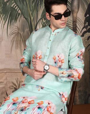 Green silk blend embroidred kurta for men 2