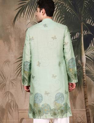 Green silk blend embroidred kurta for men 4