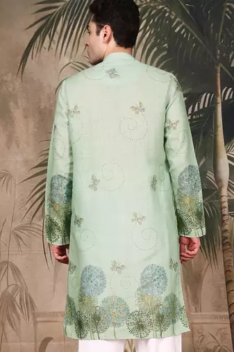 Green silk blend embroidred kurta for men