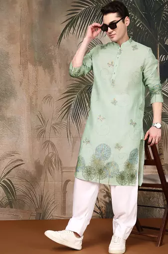 Green silk blend embroidred kurta for men