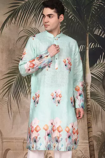 Green silk blend embroidred kurta for men