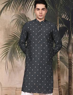 Grey silk blend embroidred kurta for men 1